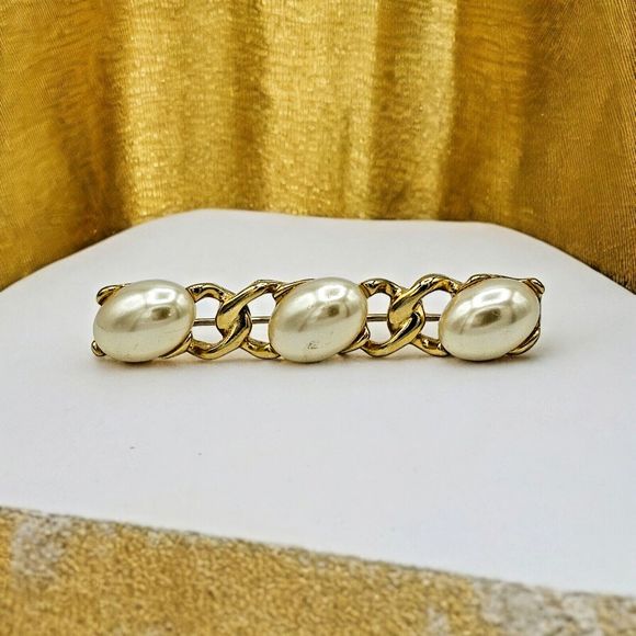 Faux Pearl Bar Brooch Vintage Gold Tone Links Elegant Statement Jewelry Pin - Picture 8 of 8